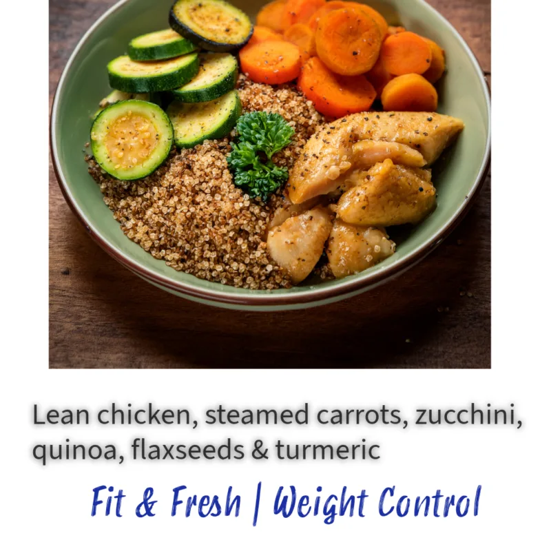 Why choose this? Fresh, balanced meals delivered every morning, tailored to your pet’s needs. No more guesswork—just wholesome nutrition daily. Key Ingredients: Lean chicken, zucchini, carrots, quinoa, flaxseeds, turmeric Seasonal Adaptation: Winter: Warming foods like pumpkin & turmeric Summer: Cooling ingredients like cucumber & watermelon Benefits: ✔ Supports digestion ✔ Enhances immunity ✔ Boosts energy & vitality ✔ Helps manage weight